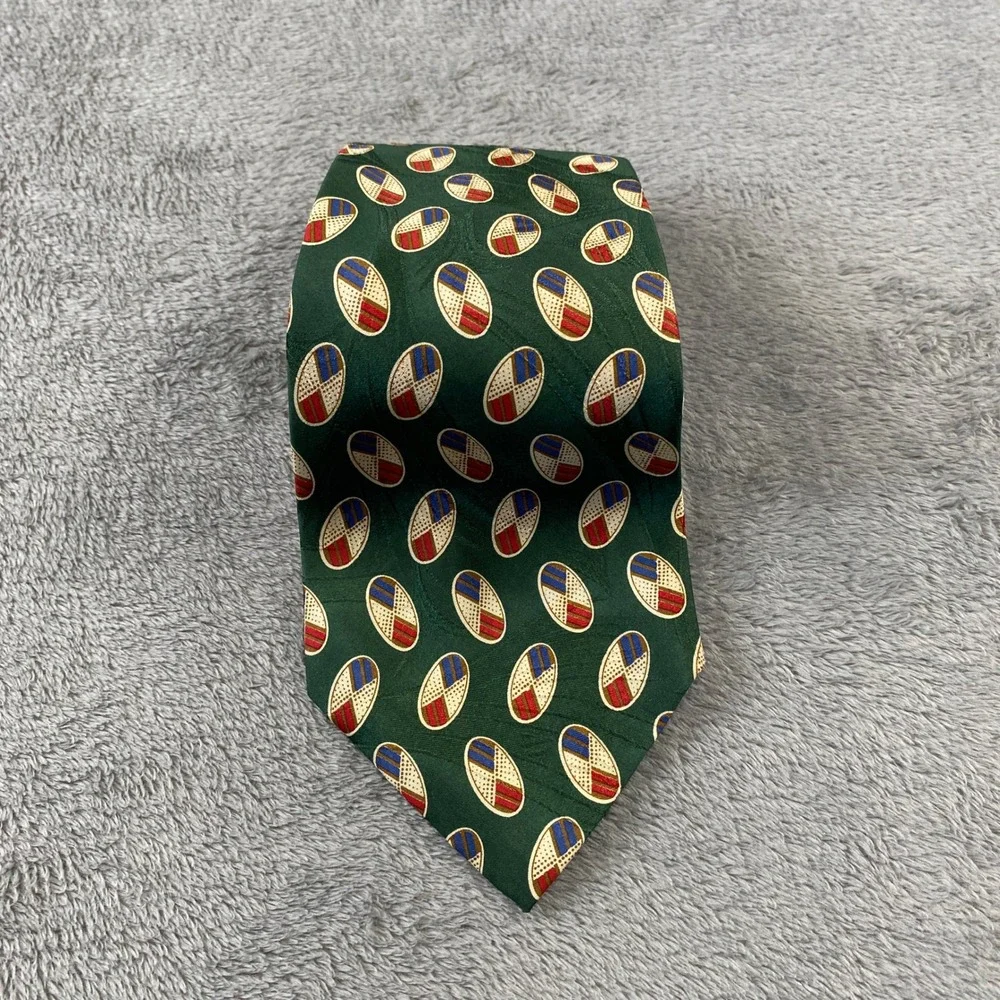 Vintage Polo Ralph Lauren Tie Mens OS Green Red Silk Oval Geometric USA Handmade
